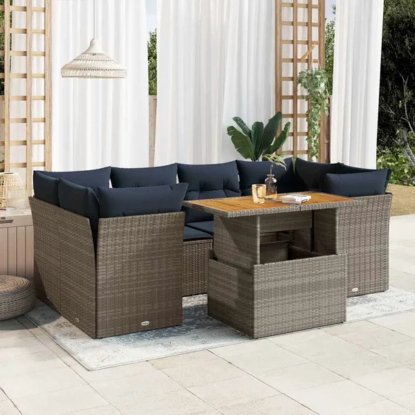 Salon de jardin avec coussins 7 pcs gris résine tressée