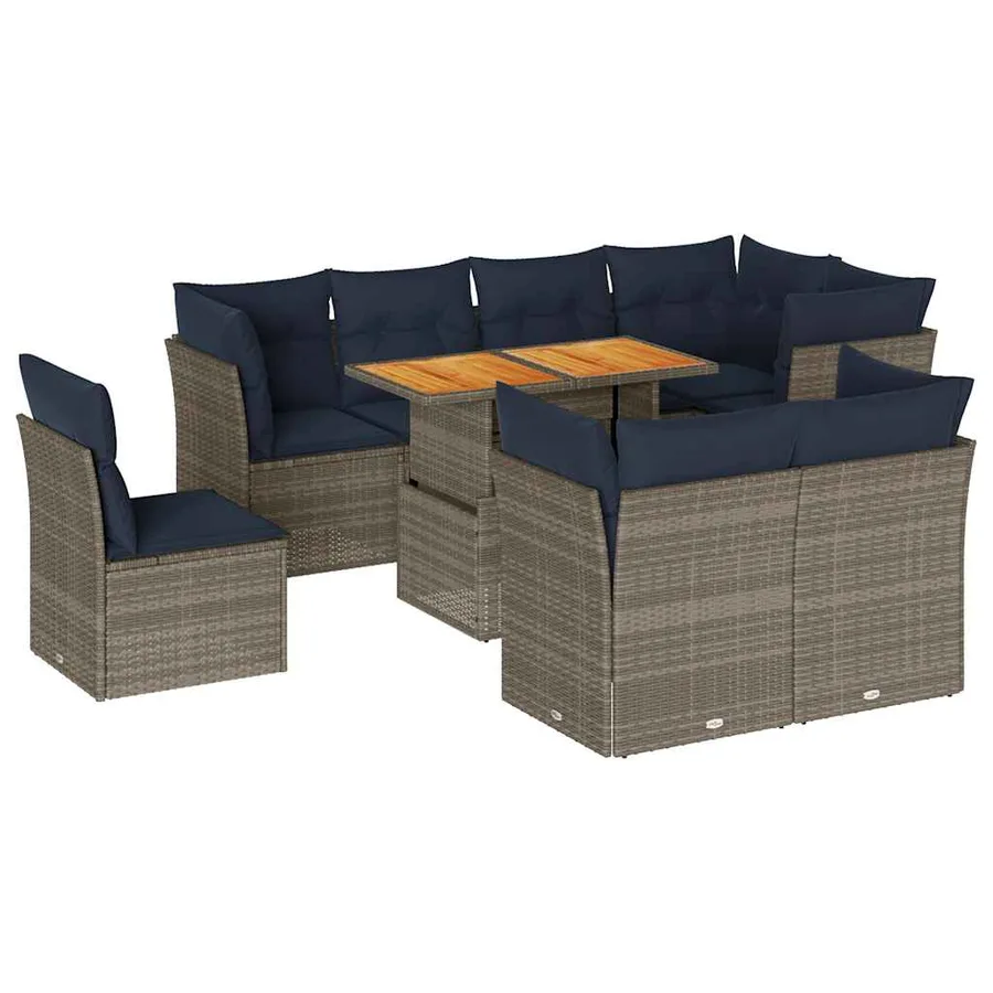 Salon de jardin 9 pcs avec coussins gris résine tressée - 2