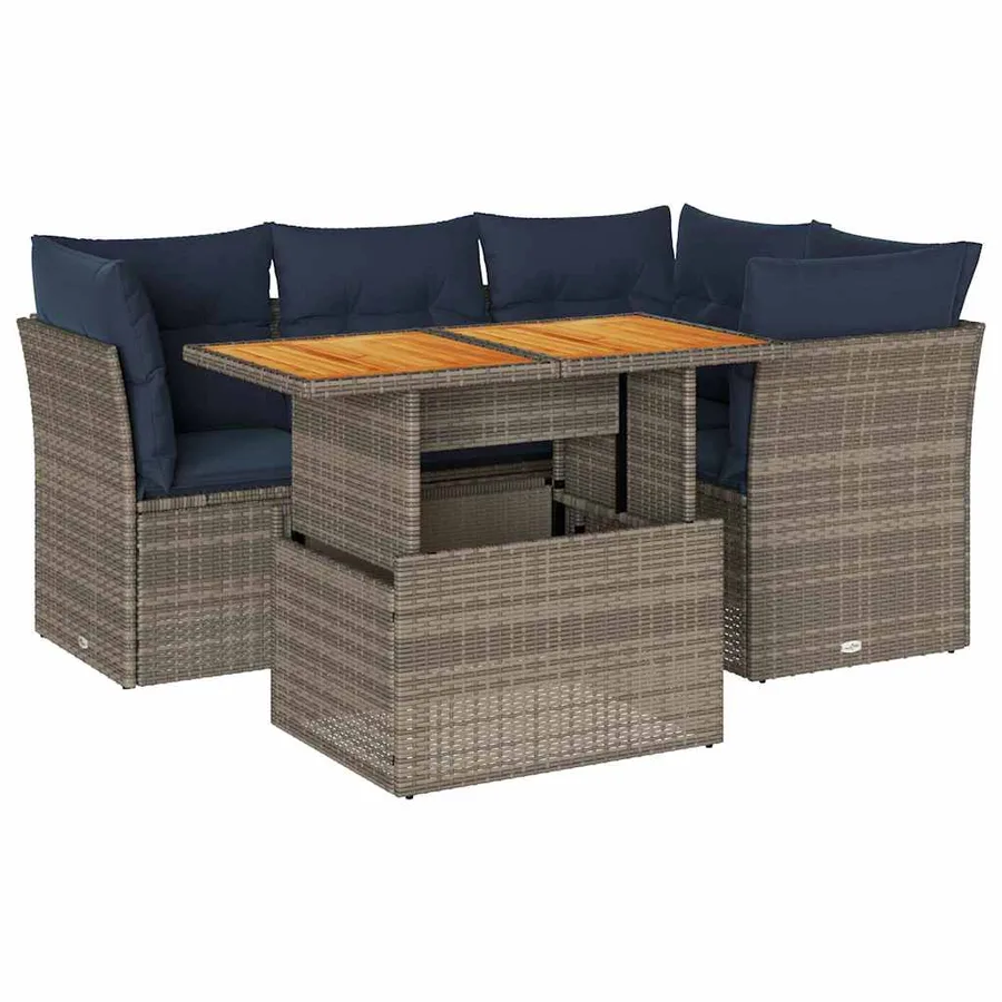 Salon de jardin 5 pcs avec coussins gris résine tressée - 2