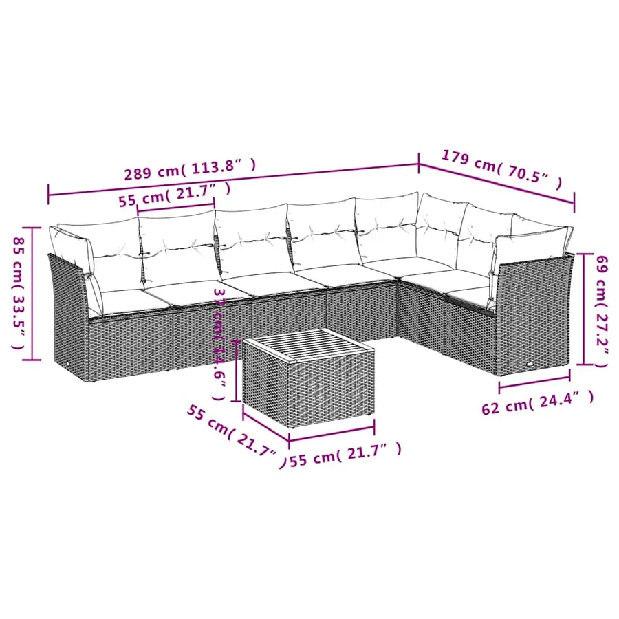 Salon de jardin 8 pcs avec coussins gris résine tressée - 10