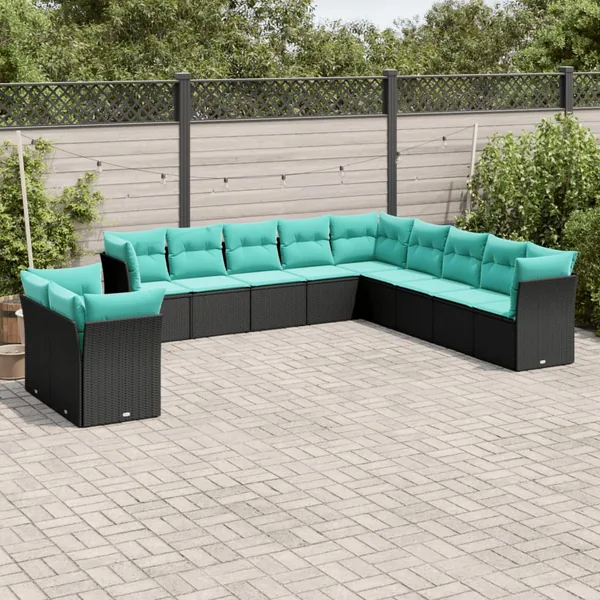 Salon de jardin 11 pcs avec coussins noir résine tressée