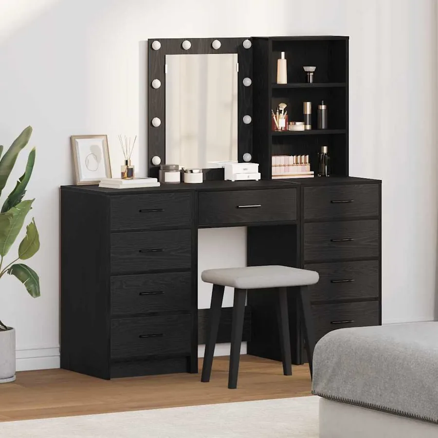 Table de Toilette avec tiroir 3 pcs Noir Bois d'ingénierie