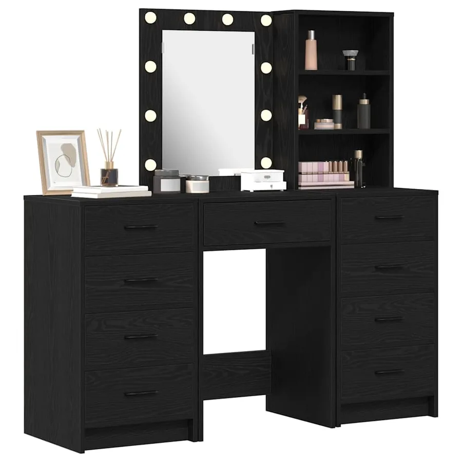 Table de Toilette avec tiroir 3 pcs Noir Bois d'ingénierie - 3