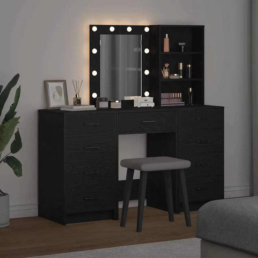Table de Toilette avec tiroir 3 pcs Noir Bois d'ingénierie - 4