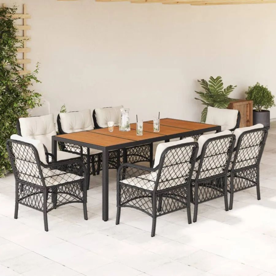 Ensemble à manger de jardin 9pcs coussins noir résine tressée