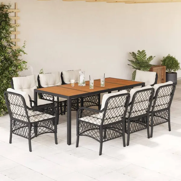 Ensemble à manger de jardin 9pcs coussins noir résine tressée