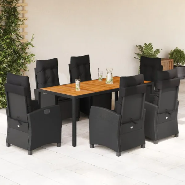 Ensemble à manger de jardin coussins 7pcs Noir Résine tressée