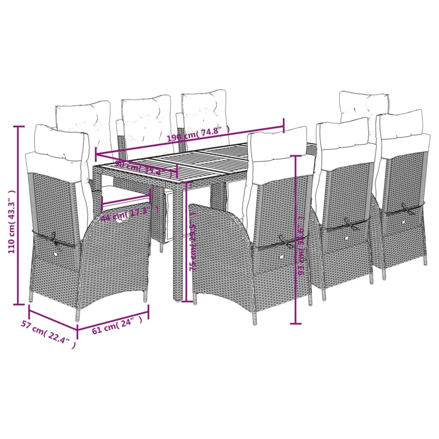 Ensemble à manger de jardin 9pcs coussins noir résine tressée - 12