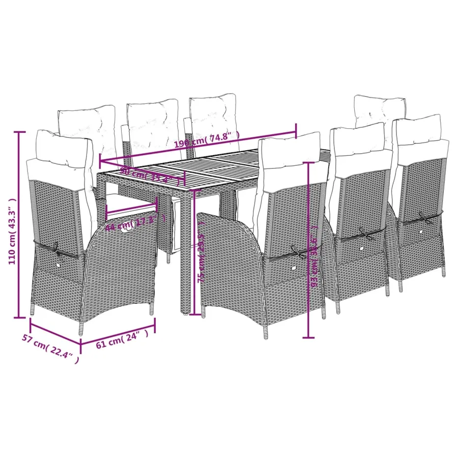 Ensemble à manger de jardin 9pcs coussins noir résine tressée - 9
