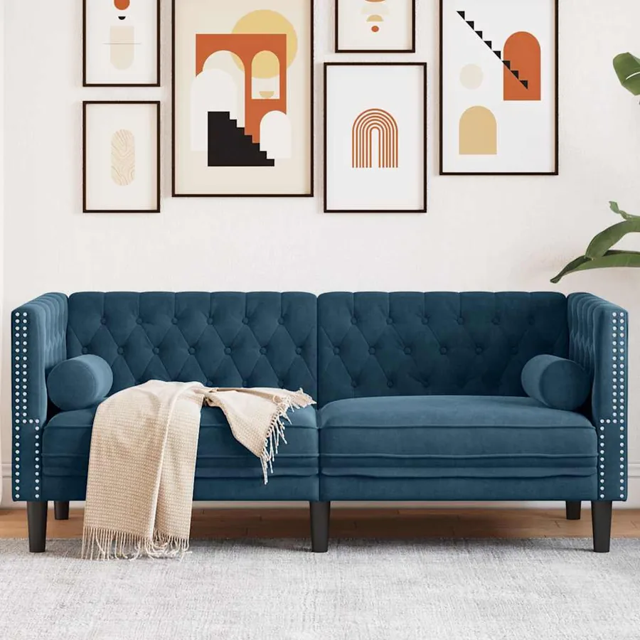 Canapé Chesterfield avec traversins 2 places bleu velours