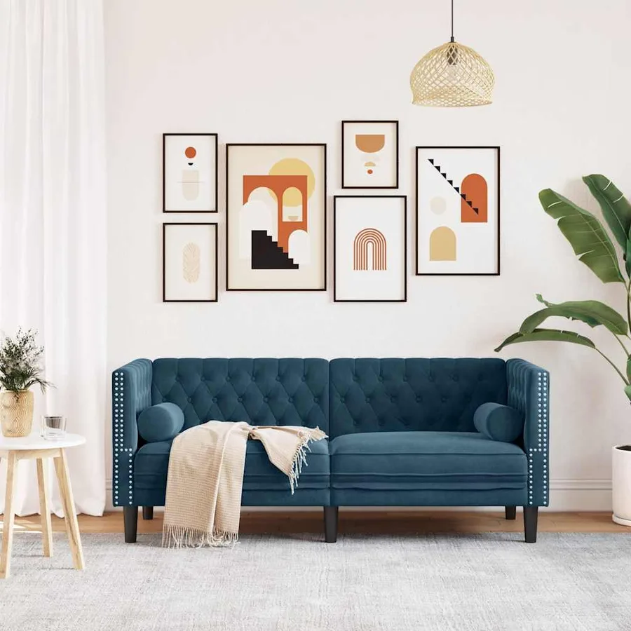 Canapé Chesterfield avec traversins 2 places bleu velours - 3