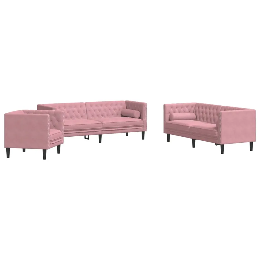 Ensemble de canapé Chesterfield et traversins 3pcs rose velours - 2