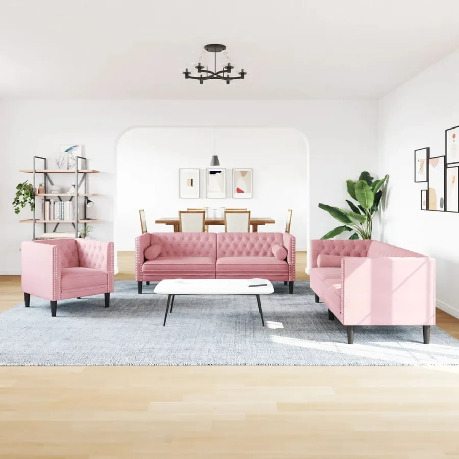 Ensemble de canapé Chesterfield et traversins 3pcs rose velours - 3