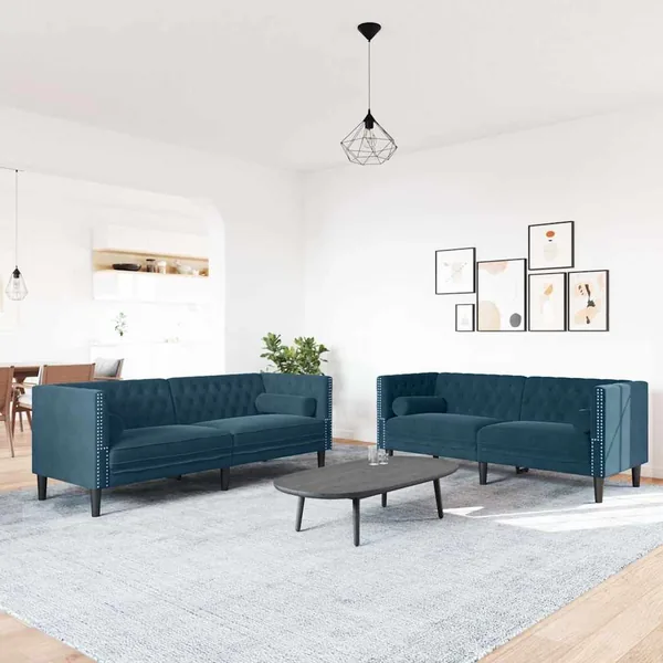 Ensemble de canapé Chesterfield et traversins 2pcs bleu velours