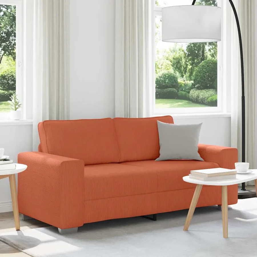 Canapé deux places rouge orangé 180x77x82 cm en tissu velours côtelé