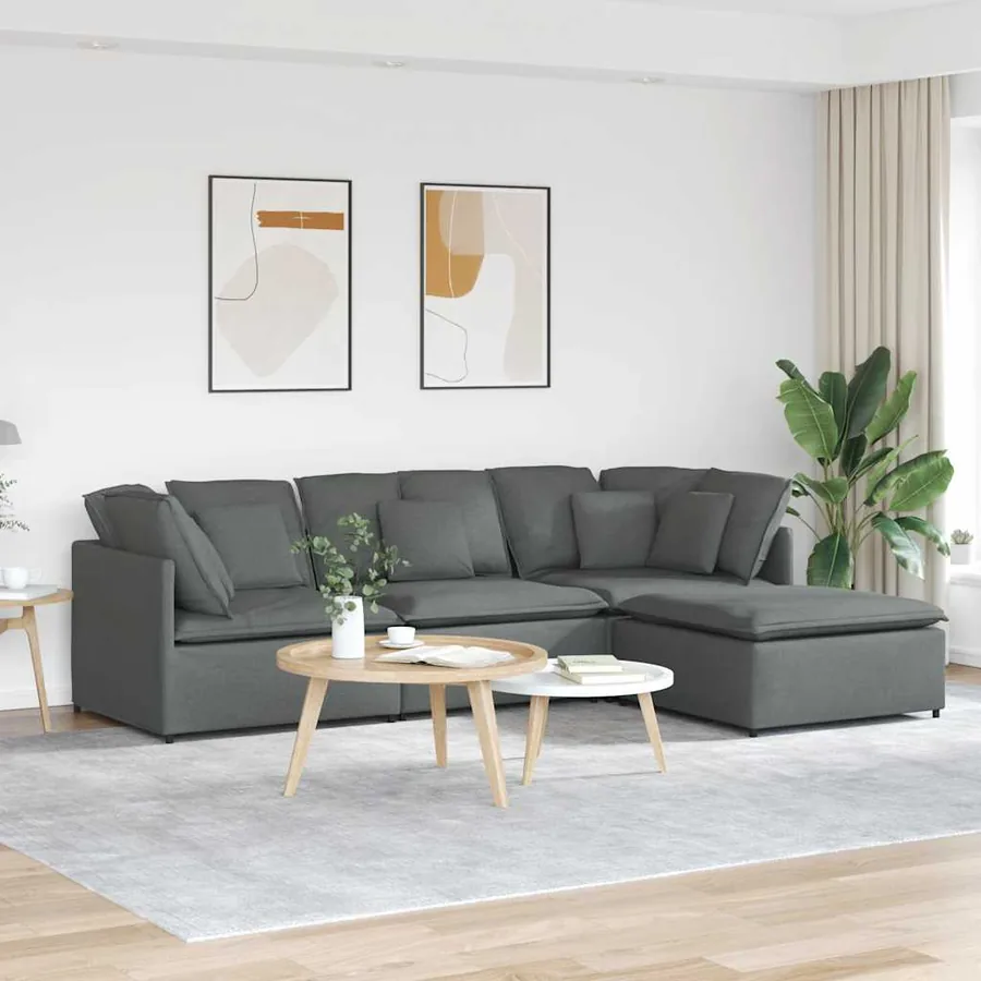 Canapé modulaire et repose-pieds et coussins tissu gris foncé