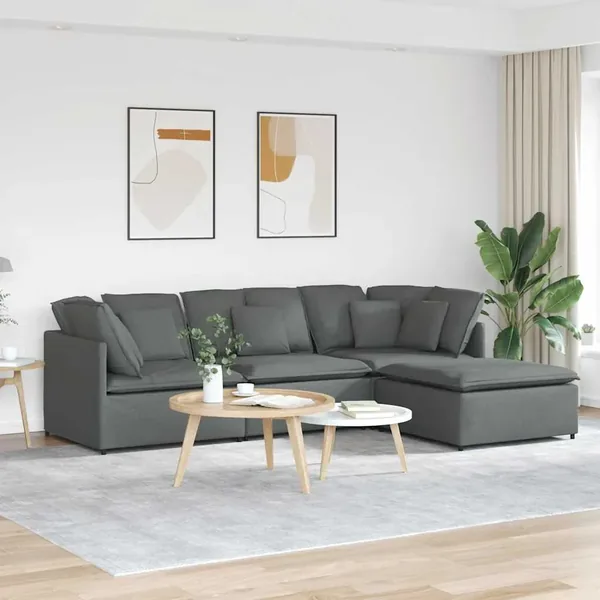 Canapé modulaire et repose-pieds et coussins tissu gris foncé
