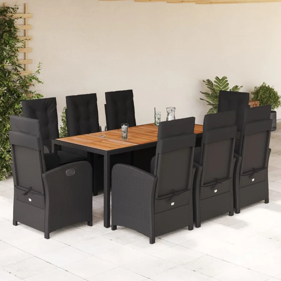Ensemble à manger de jardin 9pcs coussins noir résine tressée
