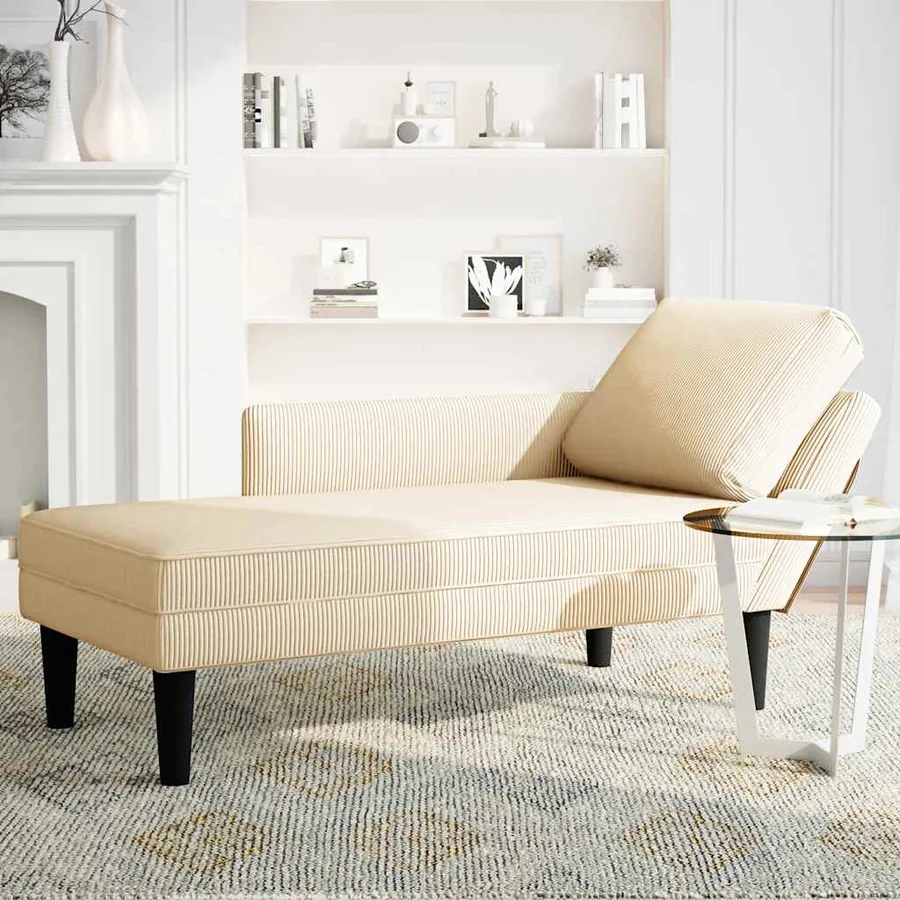 Chaise longue avec coussin crème tissu en velours côtelé - 3