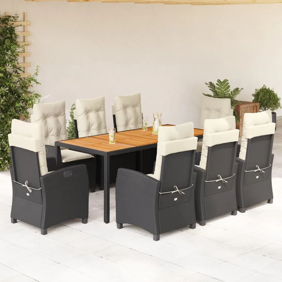 Ensemble à manger de jardin 9pcs coussins noir résine tressée