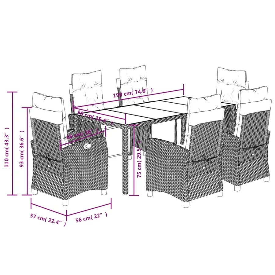 Ensemble à manger de jardin coussins 7pcs Noir Résine tressée - 9