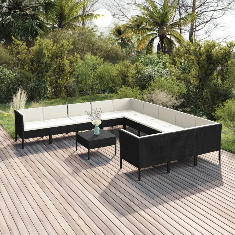 Salon de jardin 12 pcs avec coussins résine tressée noir