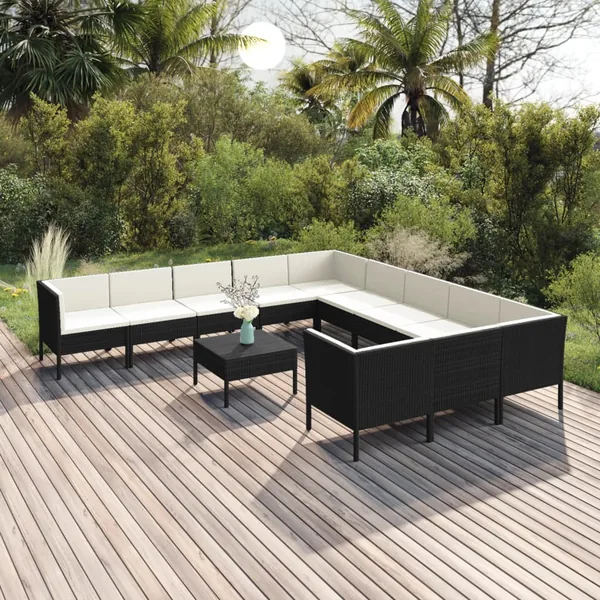 Salon de jardin 12 pcs avec coussins résine tressée noir