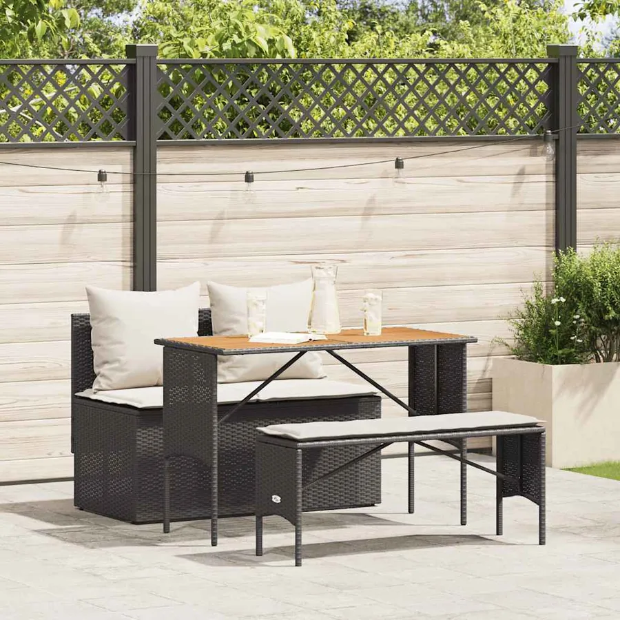 Ensemble de salle à manger de jardin 3 pcs avec coussins noir résine tressée