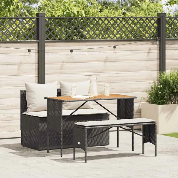 Ensemble de salle à manger de jardin 3 pcs avec coussins noir résine tressée