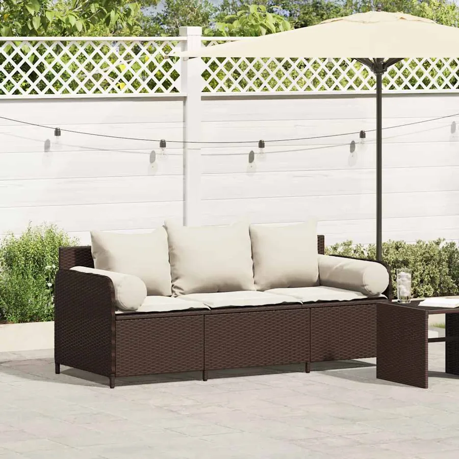 Canapé de jardin avec coussins 3 places brun résine tressée