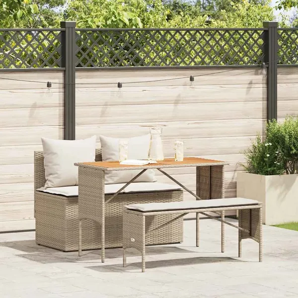 Ensemble de salle à manger de jardin 3 pcs avec coussins beige résine tressée