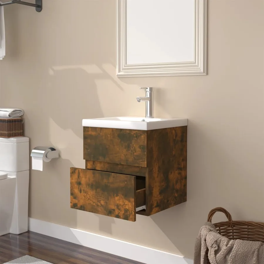 Meuble lavabo avec bassin intégré Chêne fumé Bois d'ingénierie - 4