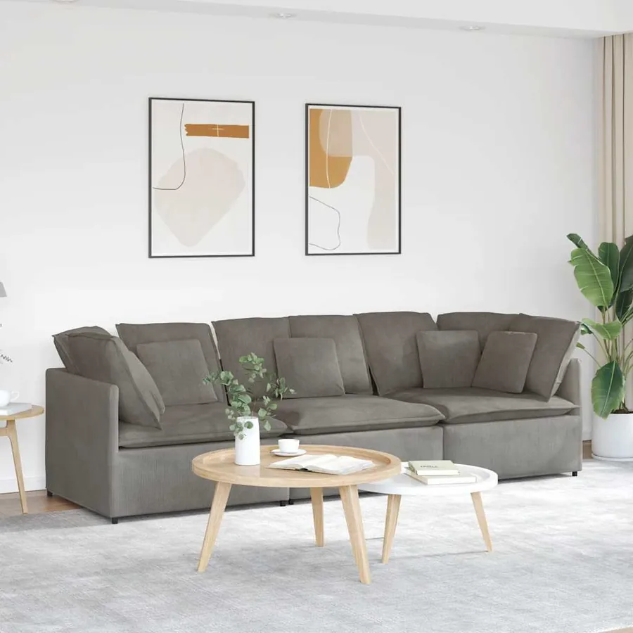 Canapé modulable avec coussins en tissu velours côtelé gris clair