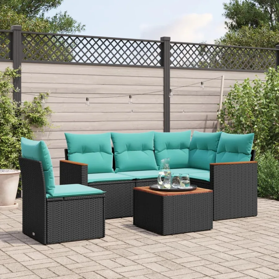 Ensemble de canapé de jardin 6 pcs avec coussins noir résine tressée