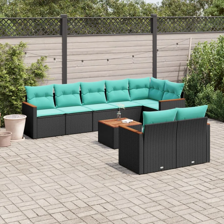 Ensemble de canapé de jardin 9 pcs avec coussins noir résine tressée