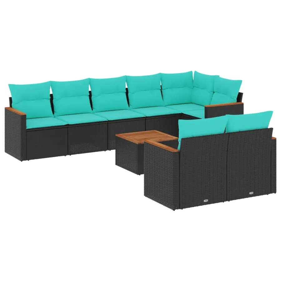 Ensemble de canapé de jardin 9 pcs avec coussins noir résine tressée - 2