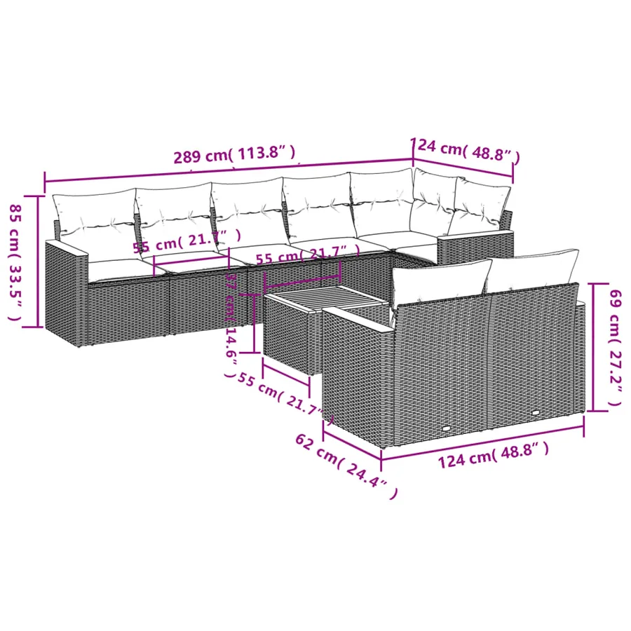 Ensemble de canapé de jardin 9 pcs avec coussins noir résine tressée - 8