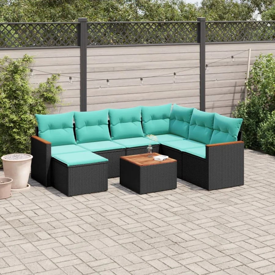 Ensemble de canapé de jardin 8 pcs avec coussins noir résine tressée