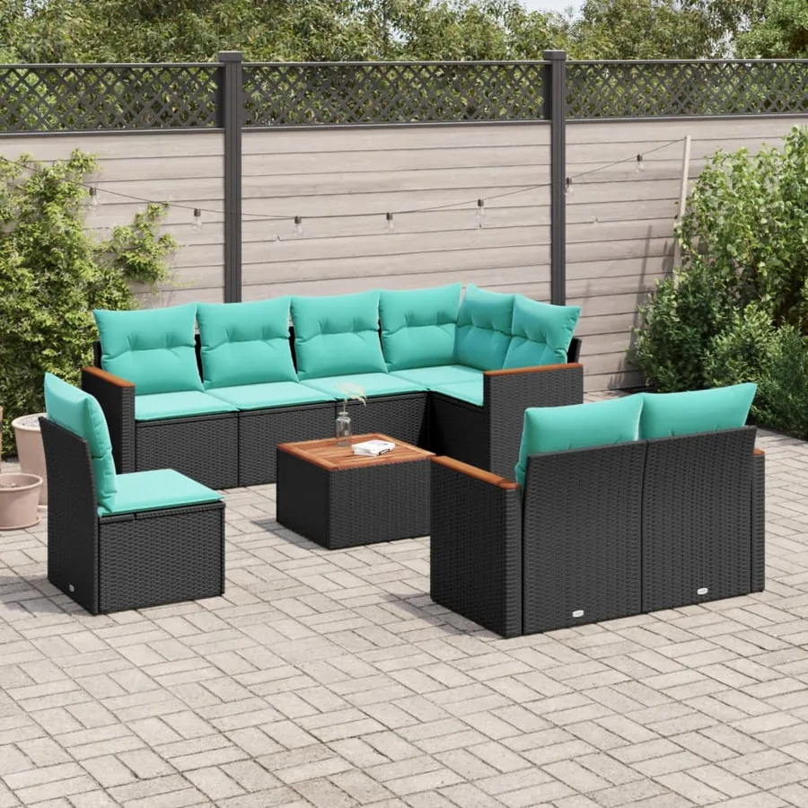 Ensemble de canapé de jardin 9 pcs avec coussins noir résine tressée