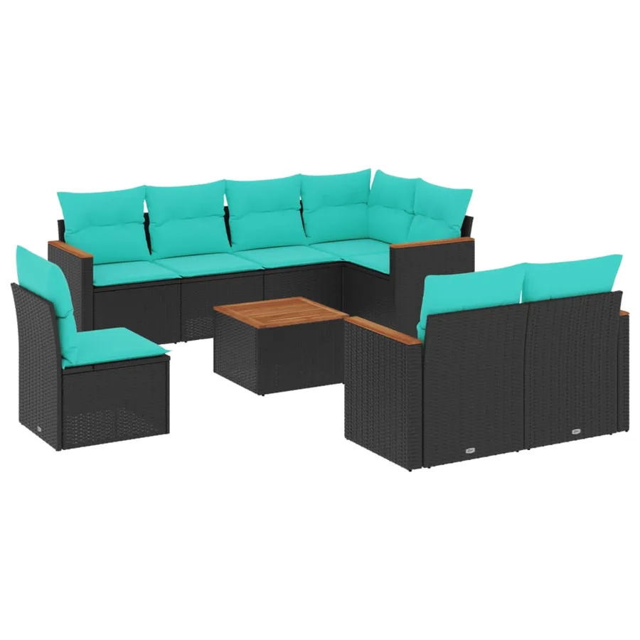 Ensemble de canapé de jardin 9 pcs avec coussins noir résine tressée - 2