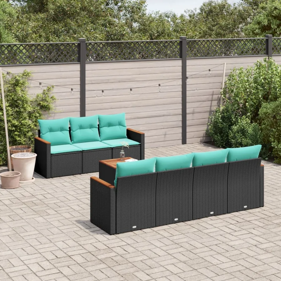 Ensemble de canapé de jardin 8 pcs avec coussins noir résine tressée
