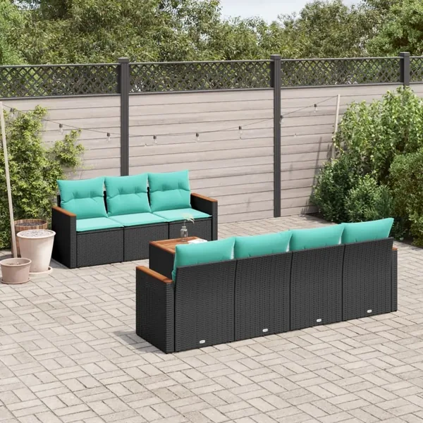 Ensemble de canapé de jardin 8 pcs avec coussins noir résine tressée