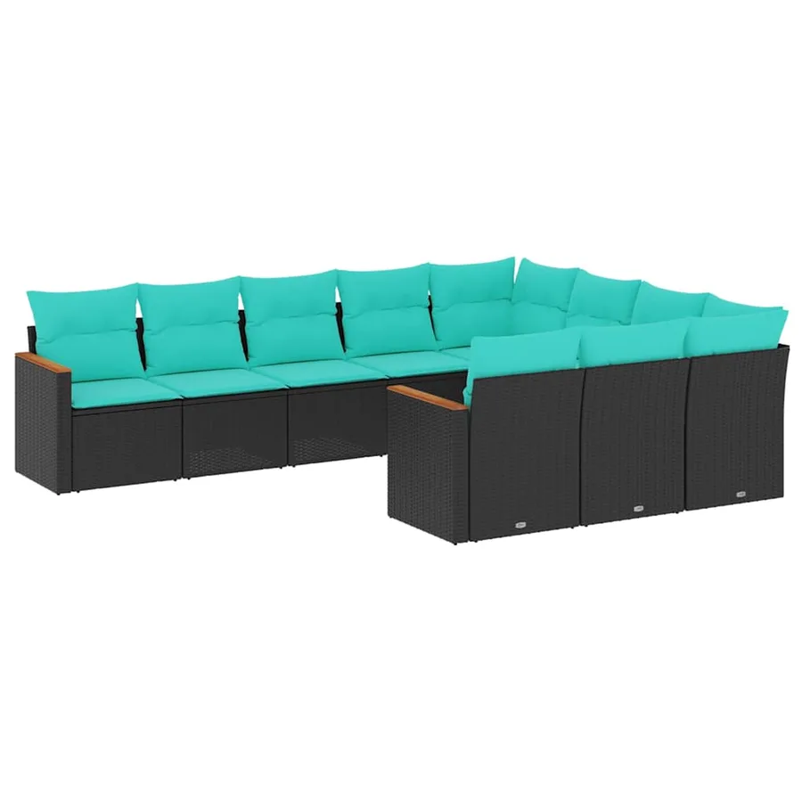 Salon de jardin 10 pcs avec coussins noir résine tressée - 2