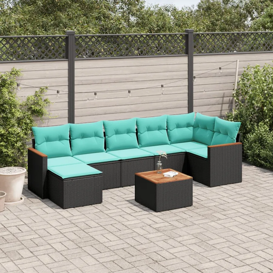 Ensemble de canapé de jardin 8 pcs avec coussins noir résine tressée