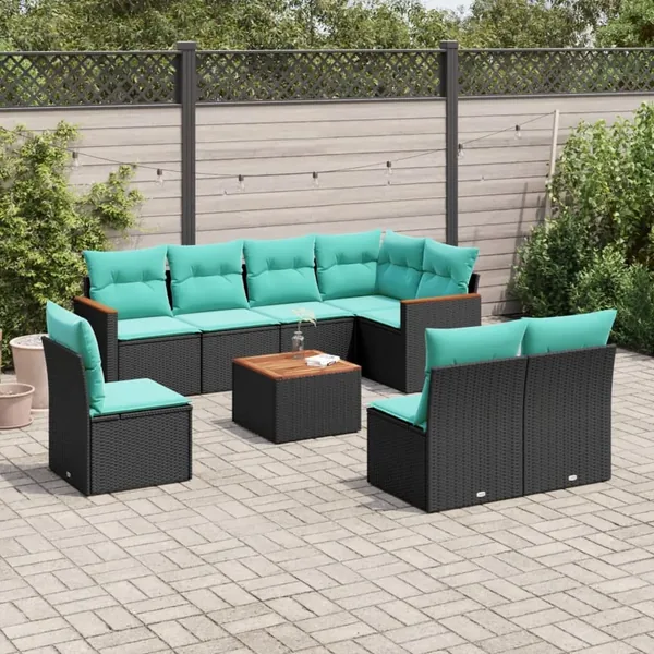 Ensemble de canapé de jardin 9 pcs avec coussins noir résine tressée