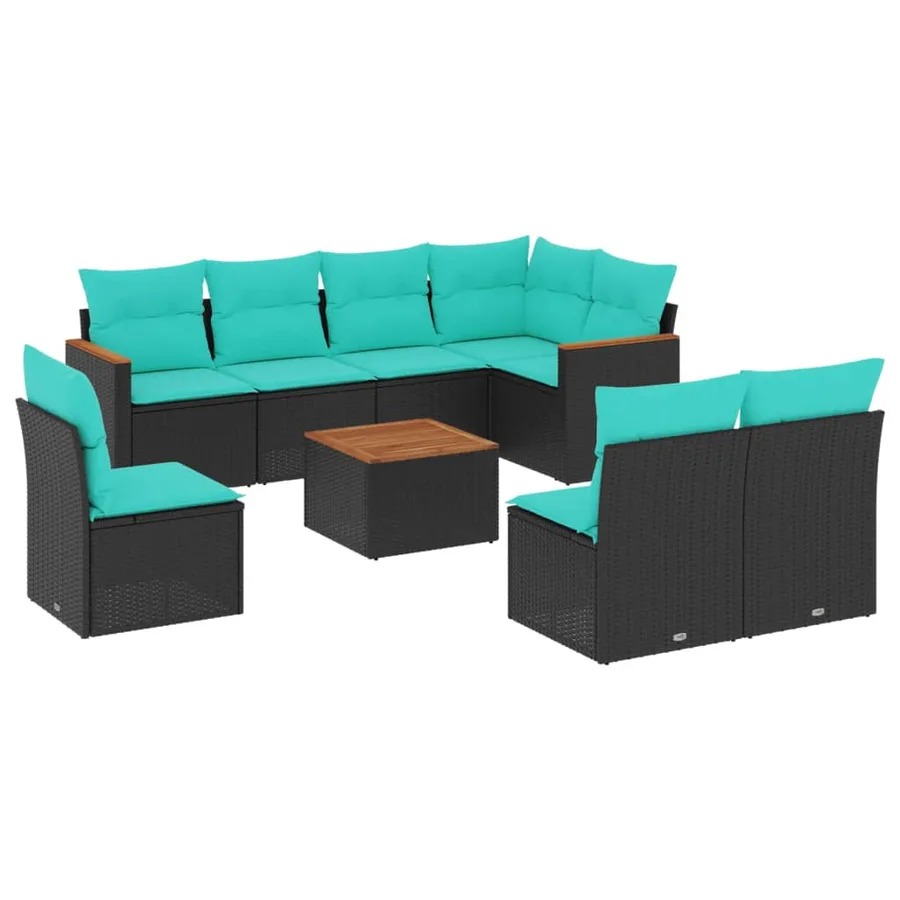 Ensemble de canapé de jardin 9 pcs avec coussins noir résine tressée - 2