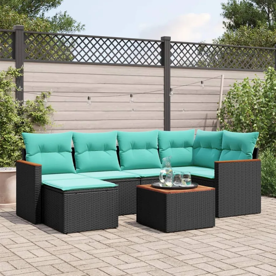 Ensemble de canapé de jardin 7 pcs avec coussins noir résine tressée