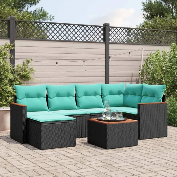 Ensemble de canapé de jardin 7 pcs avec coussins noir résine tressée