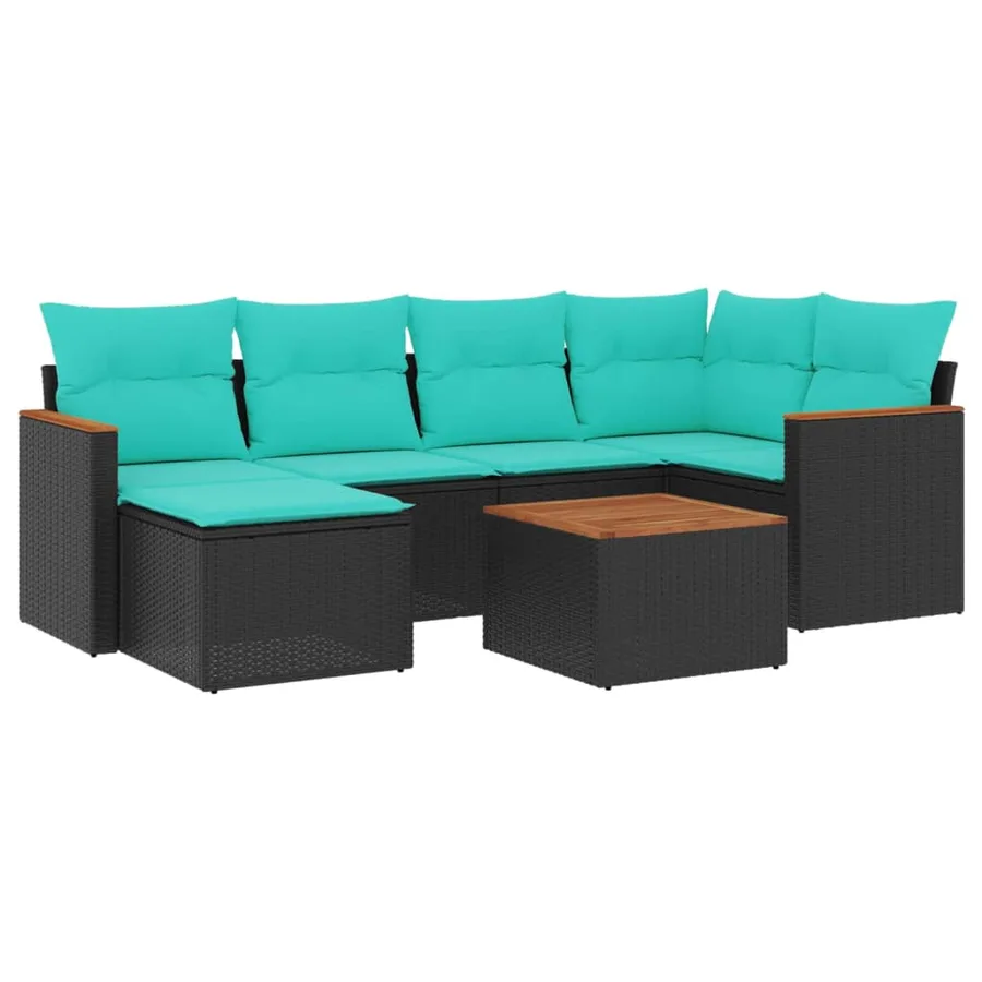 Ensemble de canapé de jardin 7 pcs avec coussins noir résine tressée - 2