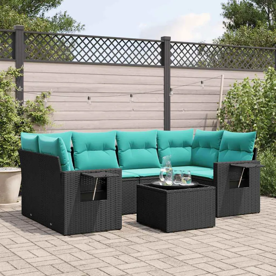 Ensemble de canapé de jardin 7 pcs avec coussins noir résine tressée